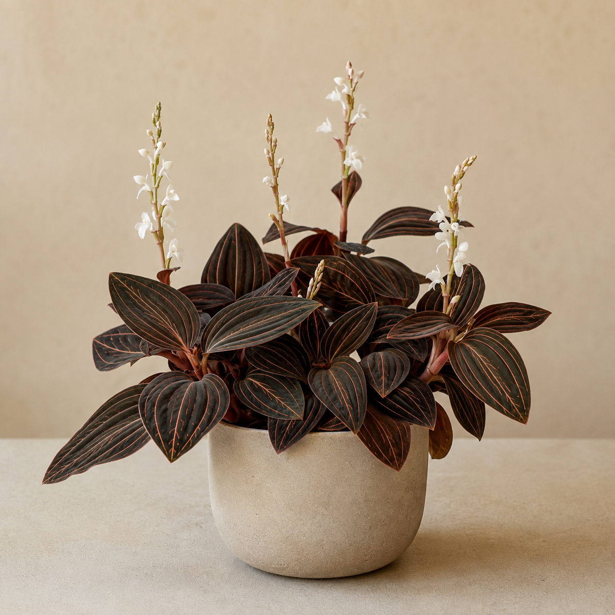 Jewel Orchid with dark velvety leaves, copper pink veins, and white flower spikes