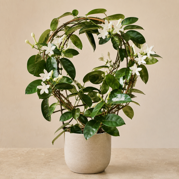 Madagascar Jasmine with glossy leaves and white waxy flowers trained on a circular trellis