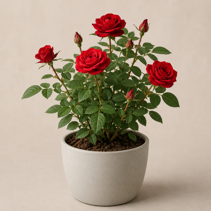 Compact miniature rose with red blooms and serrated compound leaves in a neutral planter