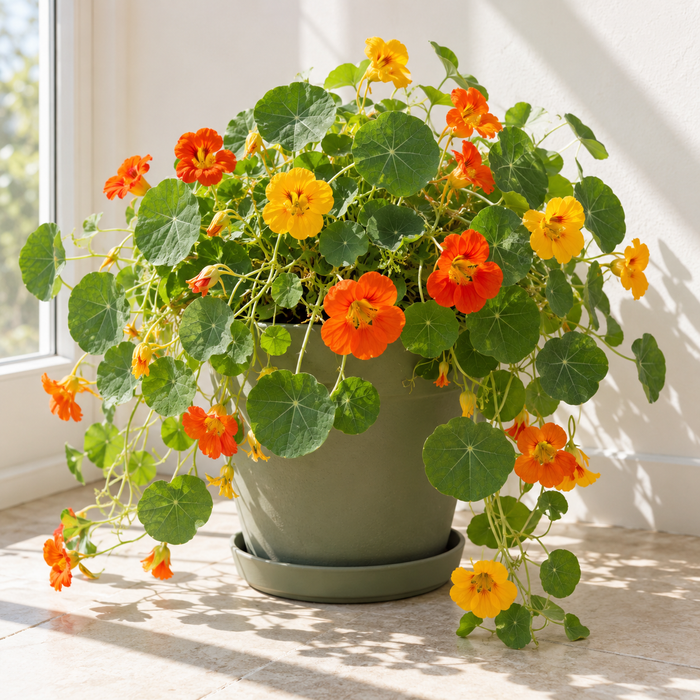 Trailing nasturtium with round leaves and orange flowers indoors