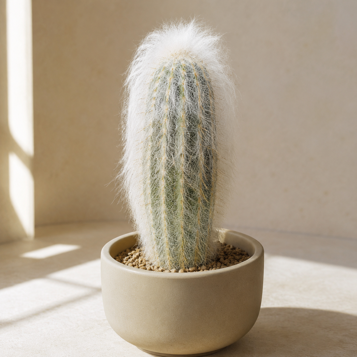 Old Man Cactus with white woolly hairs and visible yellow spines in a sunny planter