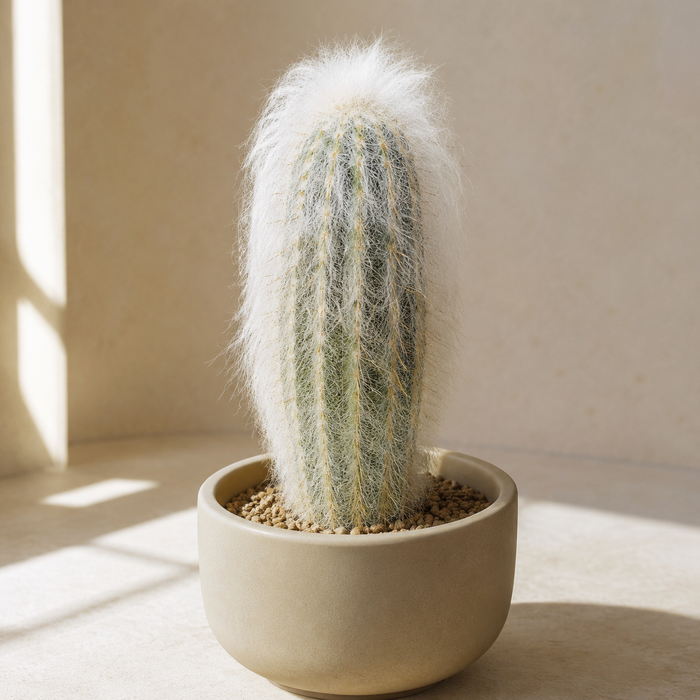Old Man Cactus with white woolly hairs and visible yellow spines in a sunny planter