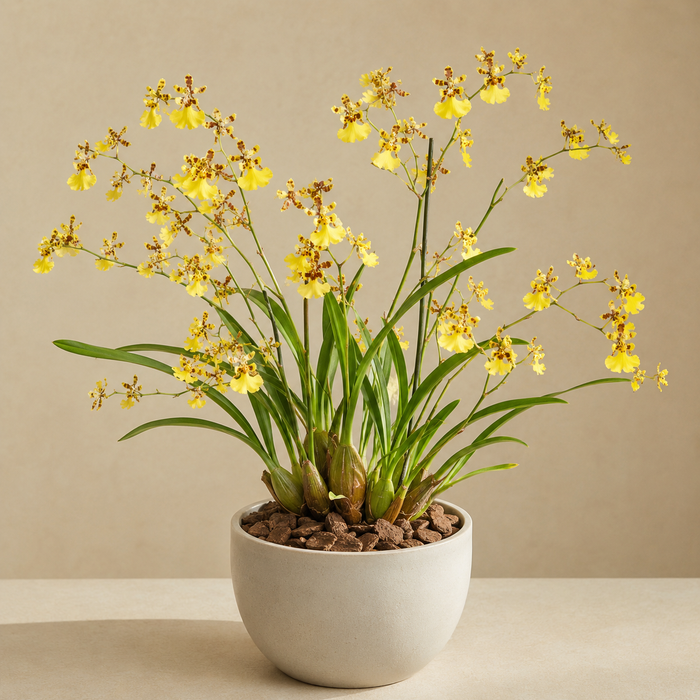 Oncidium orchid with pseudobulbs, strap leaves, and branching sprays of yellow flowers