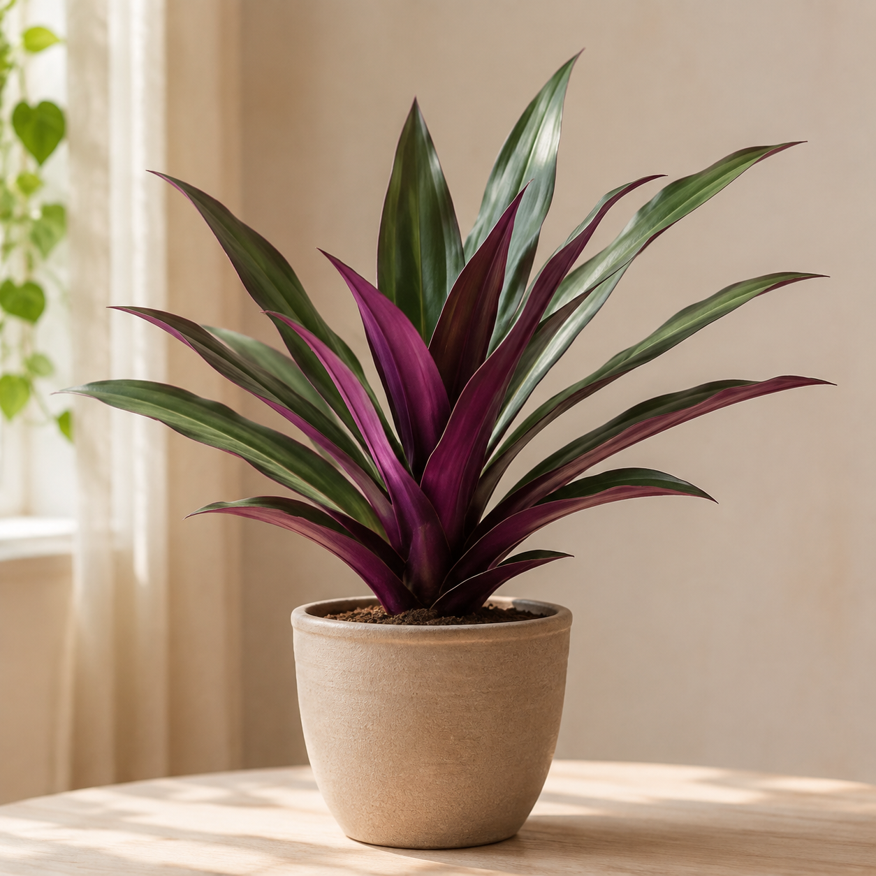 Oyster plant with green sword-shaped leaves and purple undersides