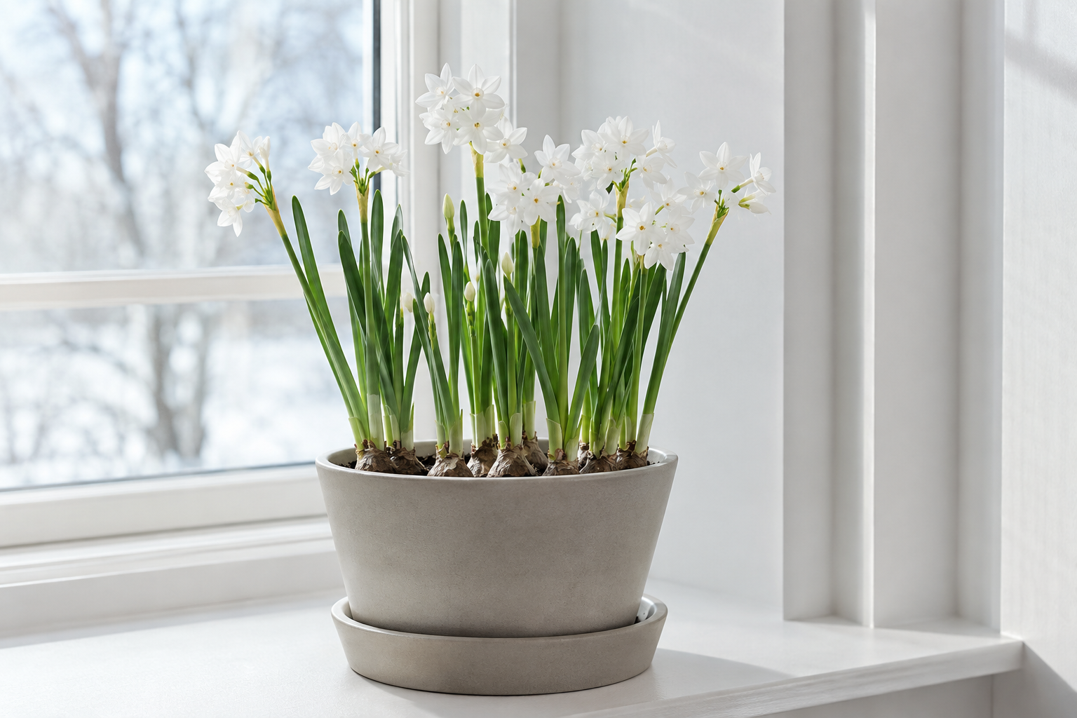 Soil-grown Paperwhite narcissus bulbs with white flowers and upright green leaves
