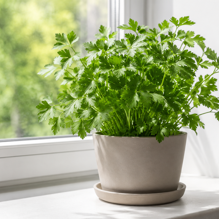 Flat-leaf Italian parsley with serrated compound leaves in a bright indoor planter