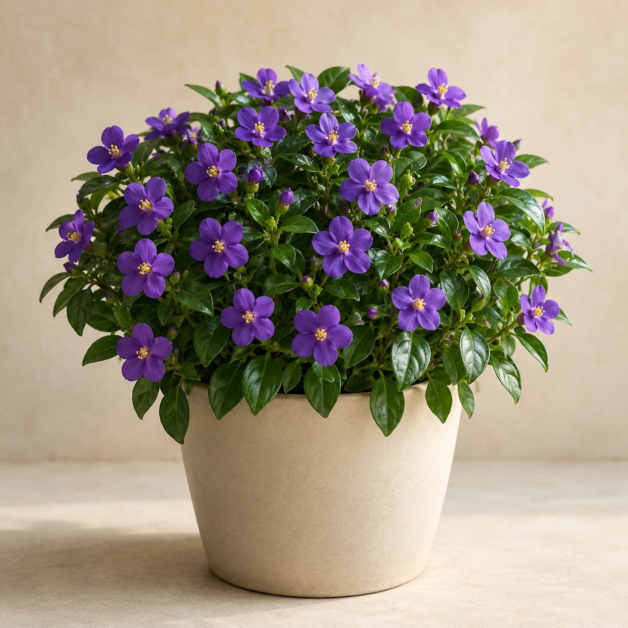 Persian Violet with shiny green leaves and purple flowers with yellow centers