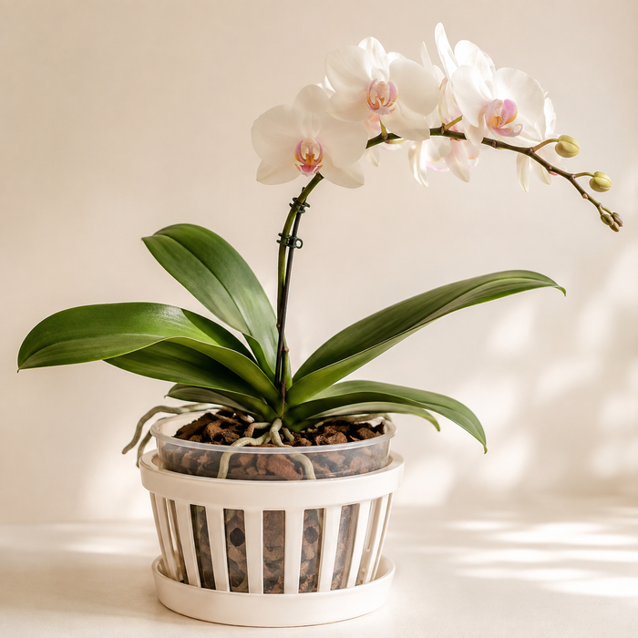 Phalaenopsis orchid with white flowers, aerial roots, bark, and ventilated pot