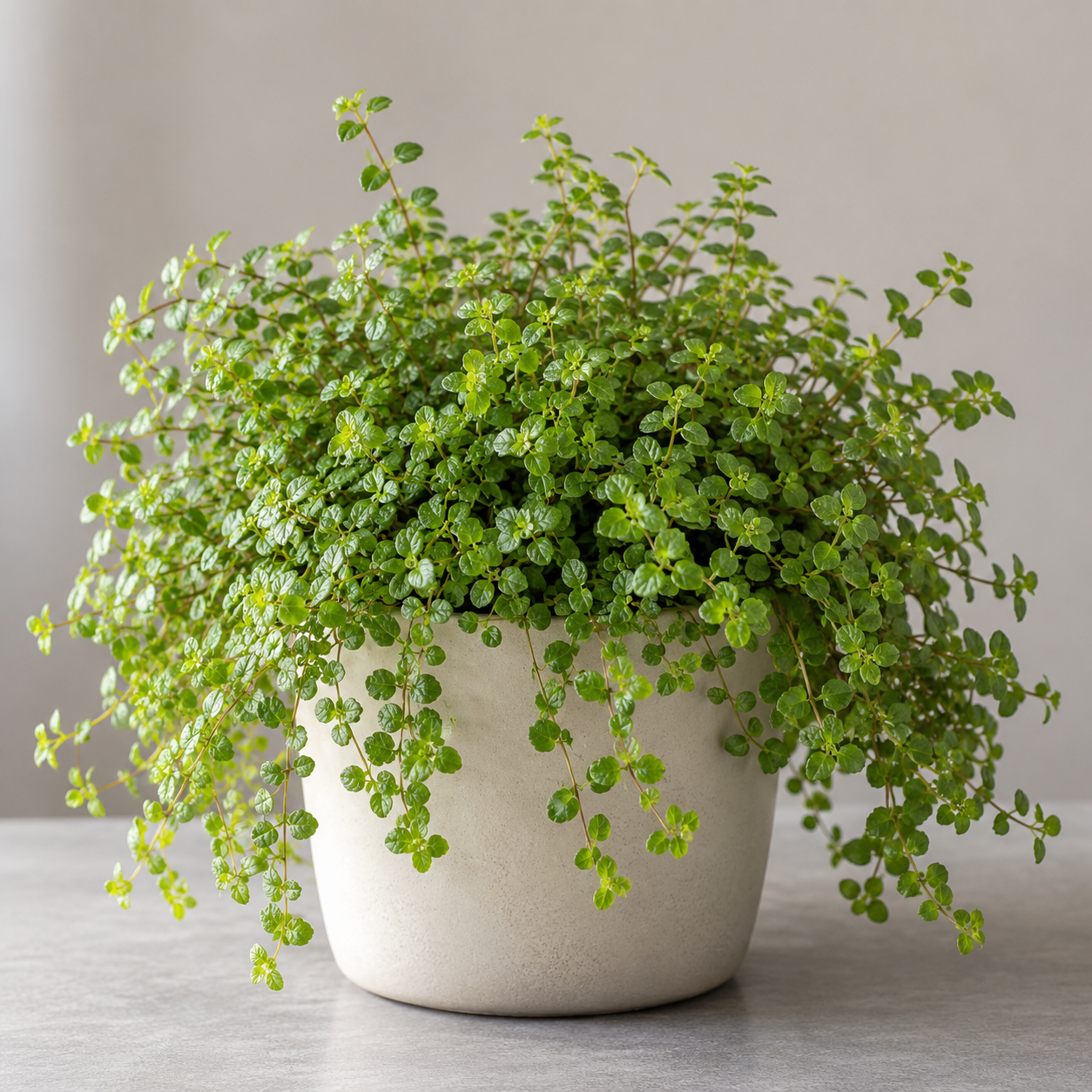 Artillery Plant with dense tiny lime-green leaves in a neutral indoor planter