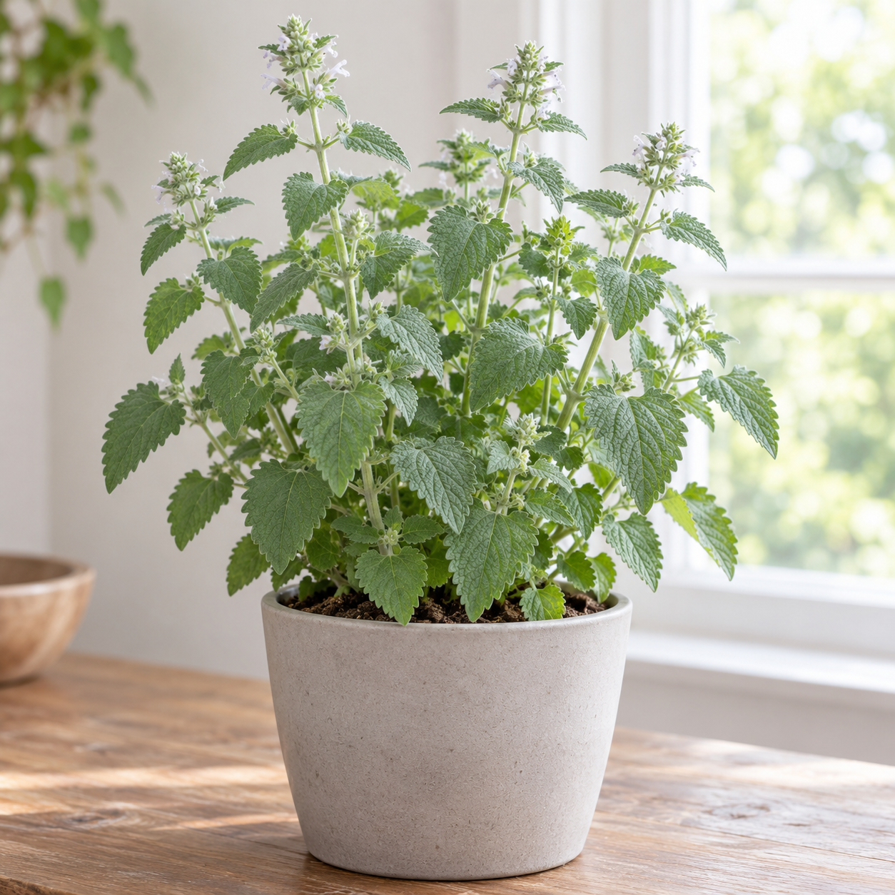 Catnip with serrated gray-green leaves growing in a sunny indoor planter