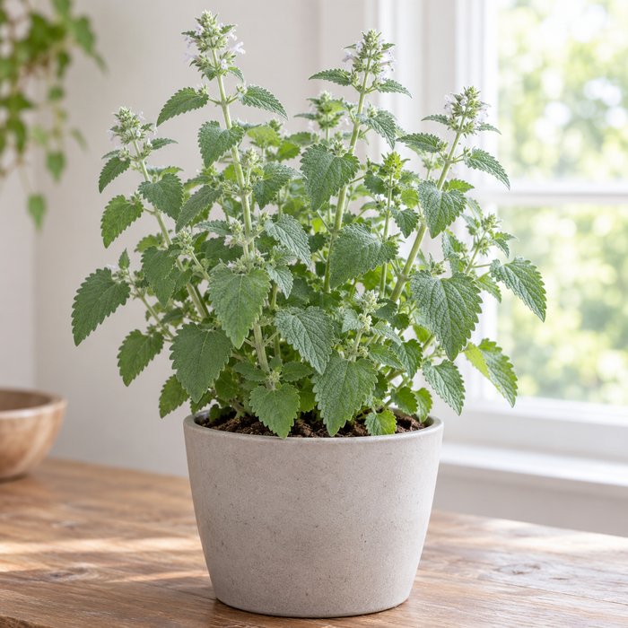Catnip with serrated gray-green leaves growing in a sunny indoor planter