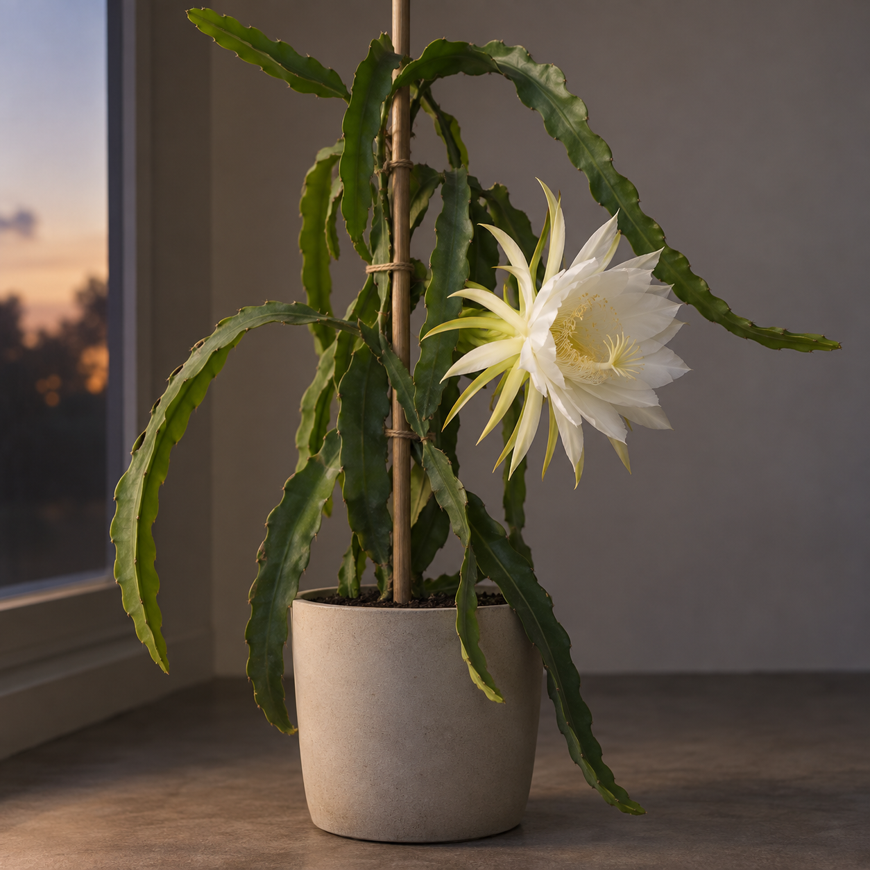 Night-Blooming Cereus with climbing winged stems and one large white flower