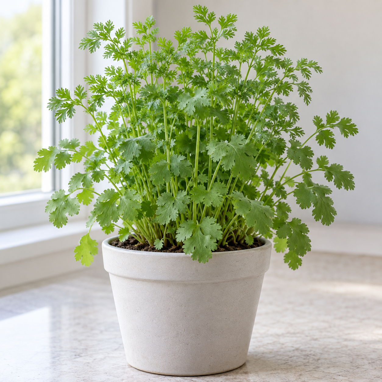 Cilantro with broad lower leaves and finely divided upper foliage indoors