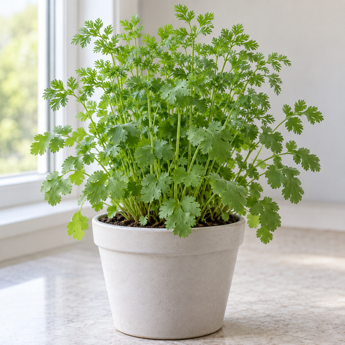 Cilantro with broad lower leaves and finely divided upper foliage indoors