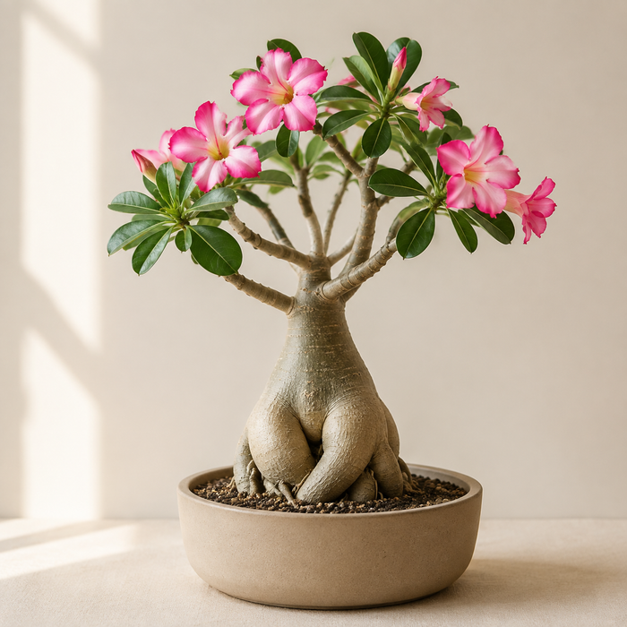 Desert Rose (Adenium obesum) with a swollen caudex and pink trumpet flowers in a shallow neutral planter