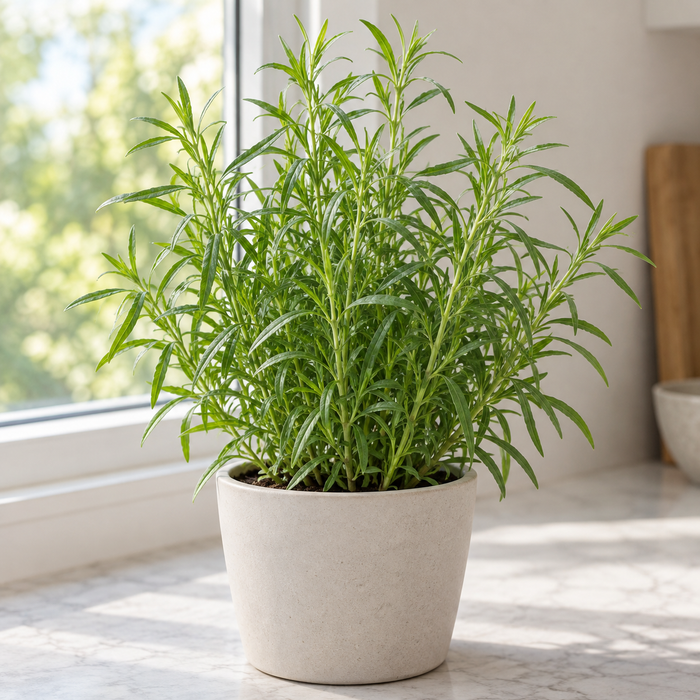 French Tarragon with narrow aromatic leaves in a bright indoor planter