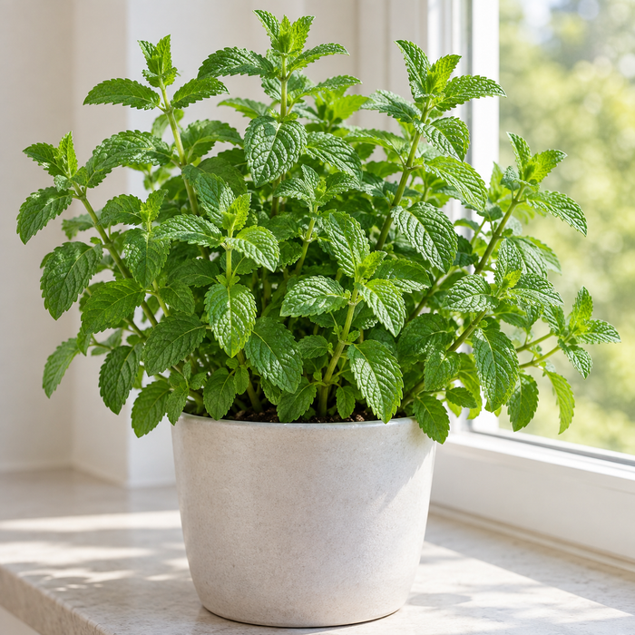 Garden Mint with dense crinkled green leaves in an indoor planter