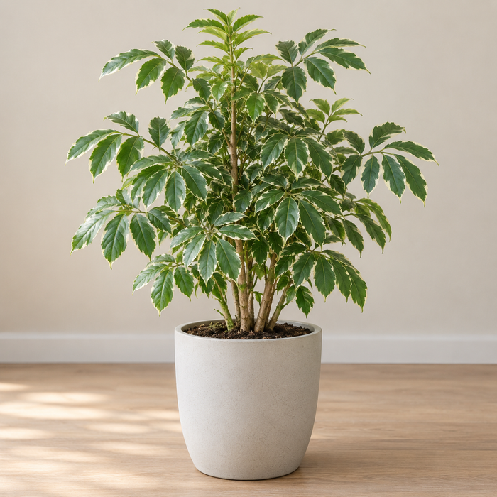 Geranium-Leaf Aralia with variegated compound foliage in an indoor planter