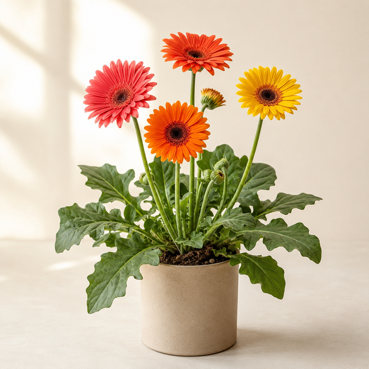 Gerbera Daisy (Gerbera jamesonii) with a basal leaf rosette and coral, orange, and yellow flowers in a neutral planter