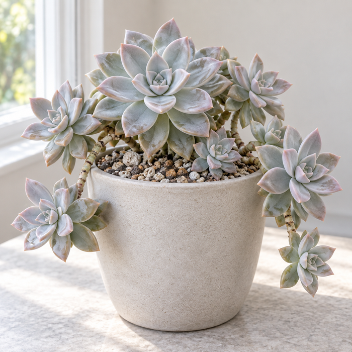Ghost Plant succulent with blue-gray rosettes in gritty mineral mix