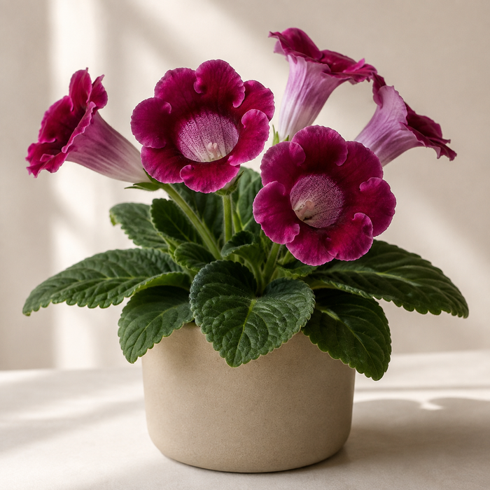 Gloxinia (Sinningia speciosa) with velvety basal leaves and magenta bell-shaped flowers in a neutral planter