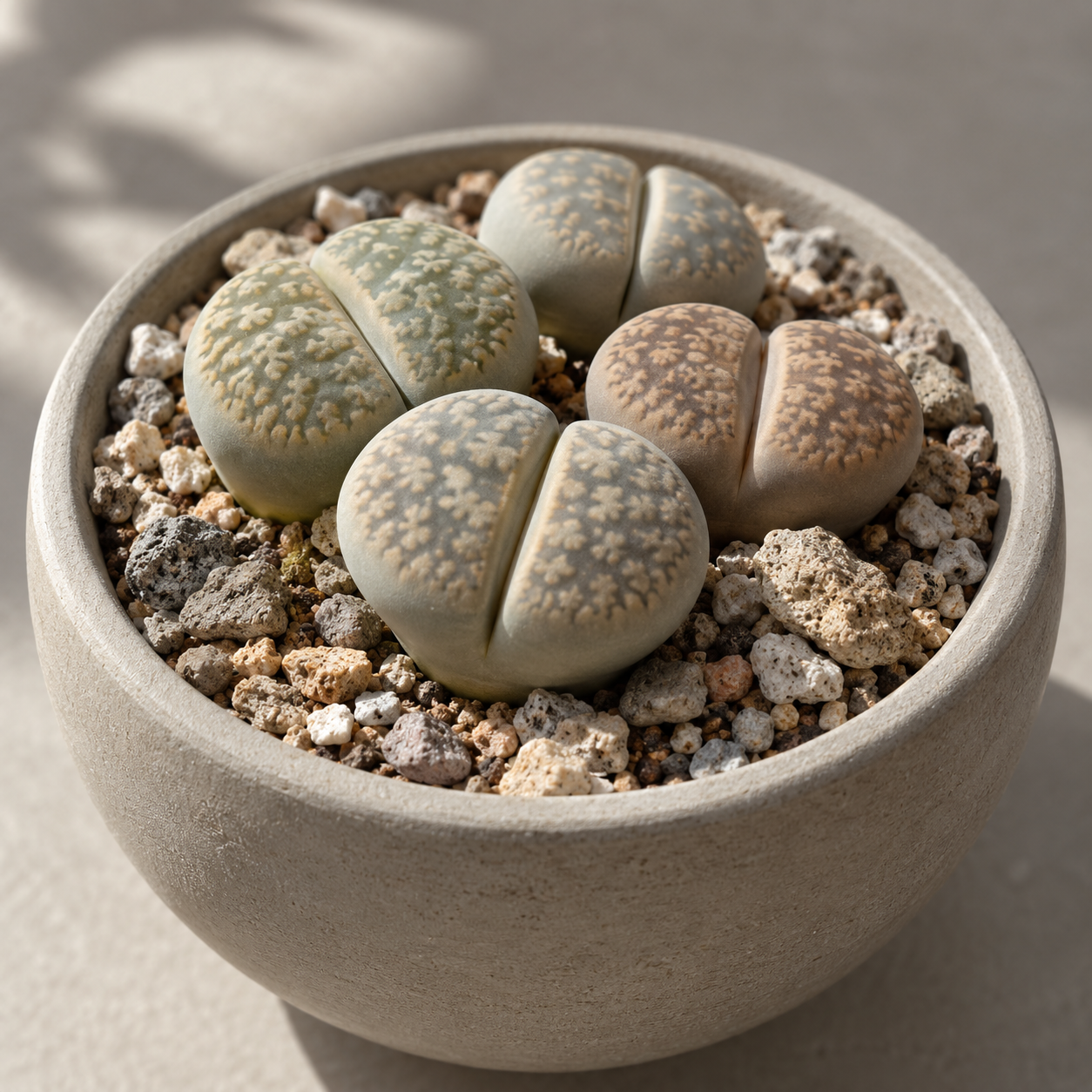 Living Stones with mottled paired leaves in gritty mineral mix and a shallow planter