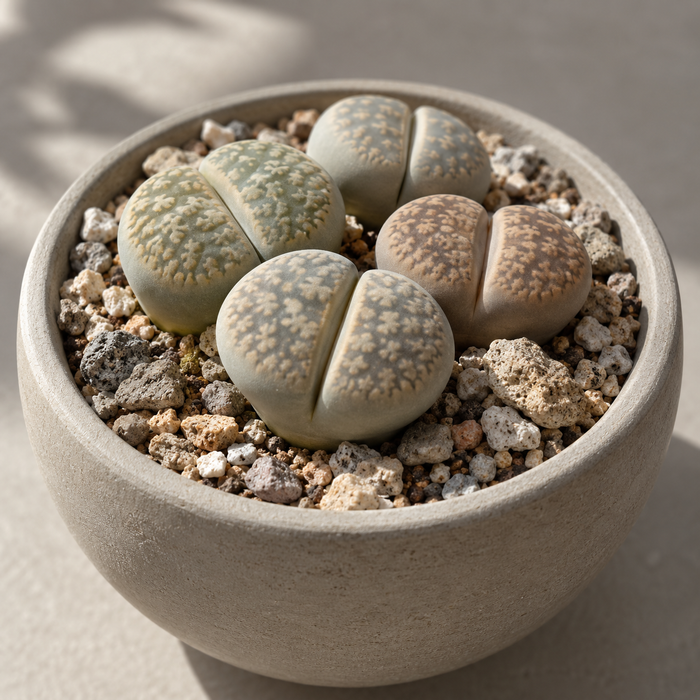 Living Stones with mottled paired leaves in gritty mineral mix and a shallow planter