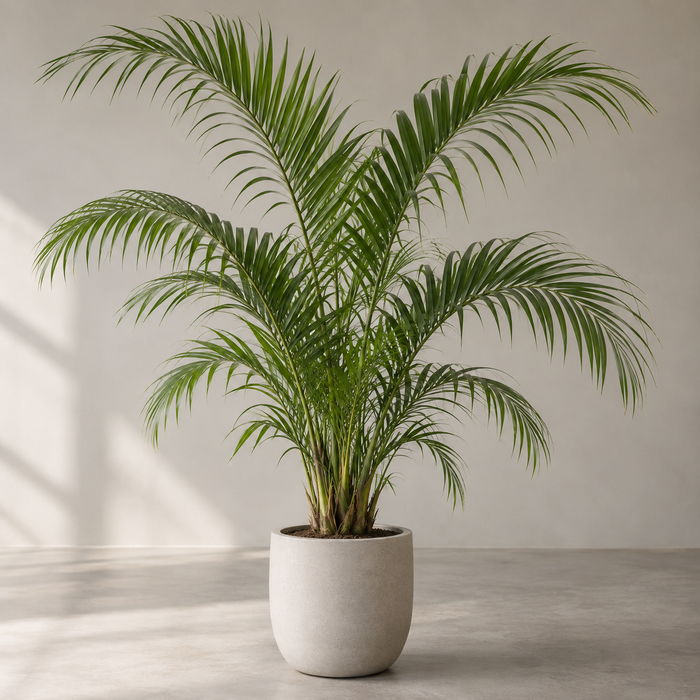 Young Majesty Palm with arching pinnate fronds in a neutral indoor planter