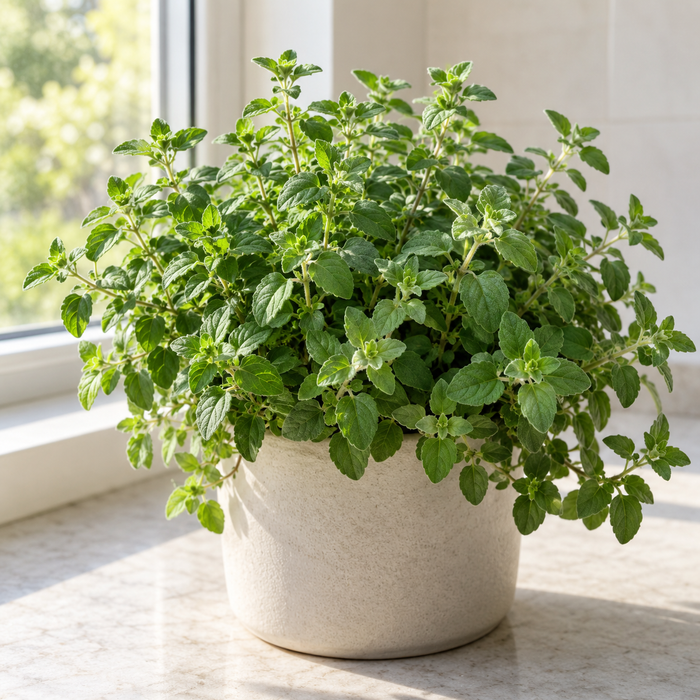 Greek Oregano with compact branching stems and small aromatic green leaves