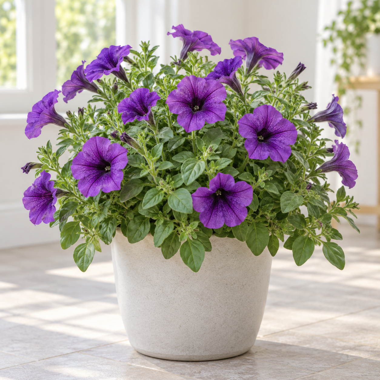 Garden Petunia with purple funnel-shaped flowers in a sunny indoor planter