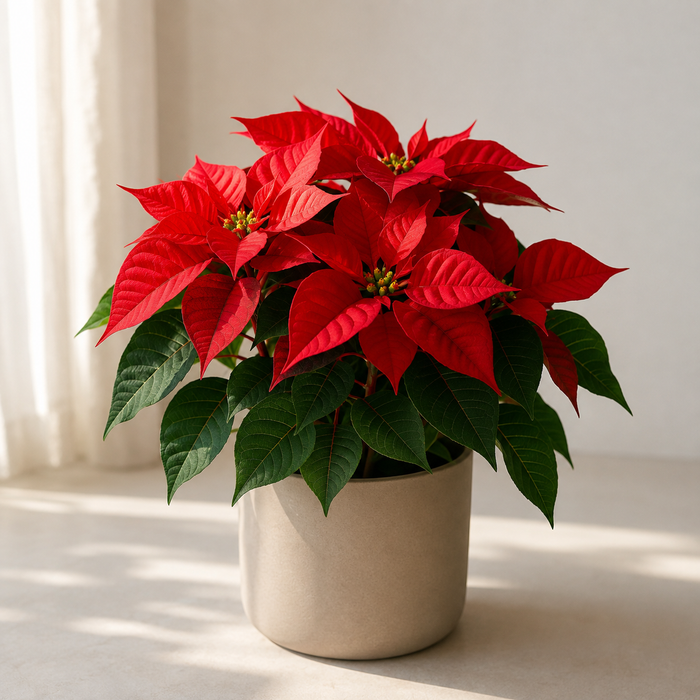 Poinsettia (Euphorbia pulcherrima) with red bracts, green leaves, and yellow-green flower centers in a neutral planter