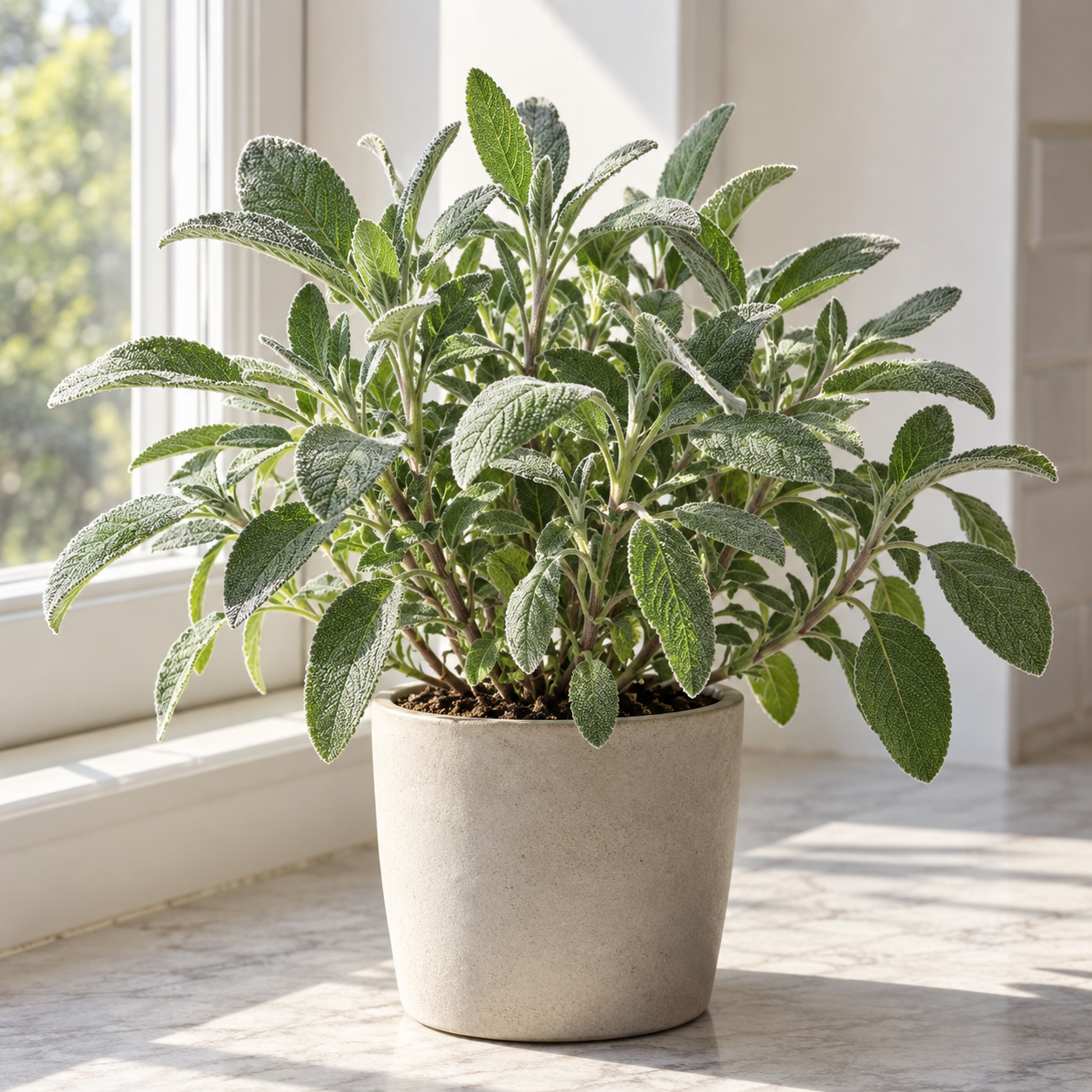 Common Garden Sage with fuzzy gray-green leaves in a sunny indoor planter