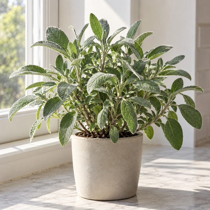 Common Garden Sage with fuzzy gray-green leaves in a sunny indoor planter