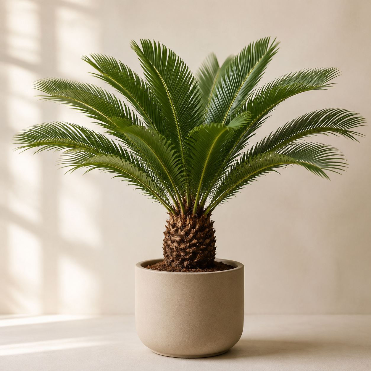 Sago Palm (Cycas revoluta) with a compact trunk and symmetrical pinnate fronds in a neutral indoor planter