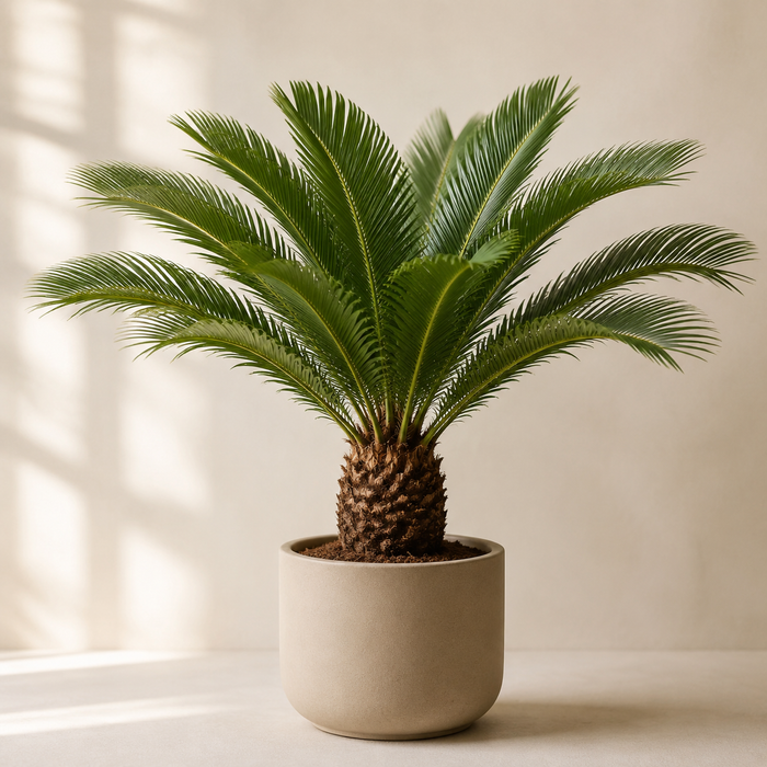 Sago Palm (Cycas revoluta) with a compact trunk and symmetrical pinnate fronds in a neutral indoor planter