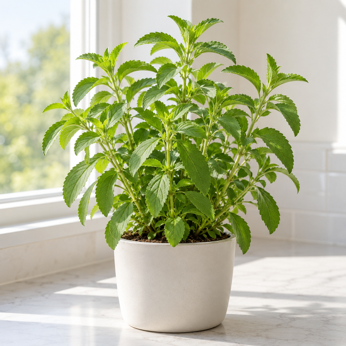 Stevia sweetleaf with serrated opposite green leaves in a sunny indoor planter