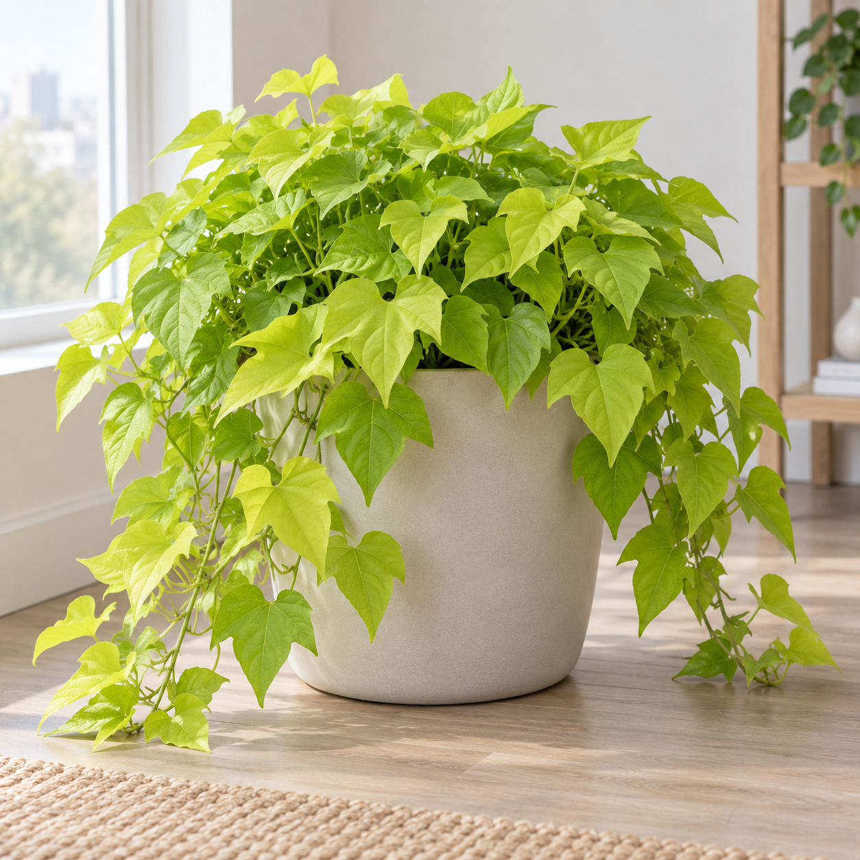 Ornamental Sweet Potato Vine with trailing chartreuse leaves in an indoor planter