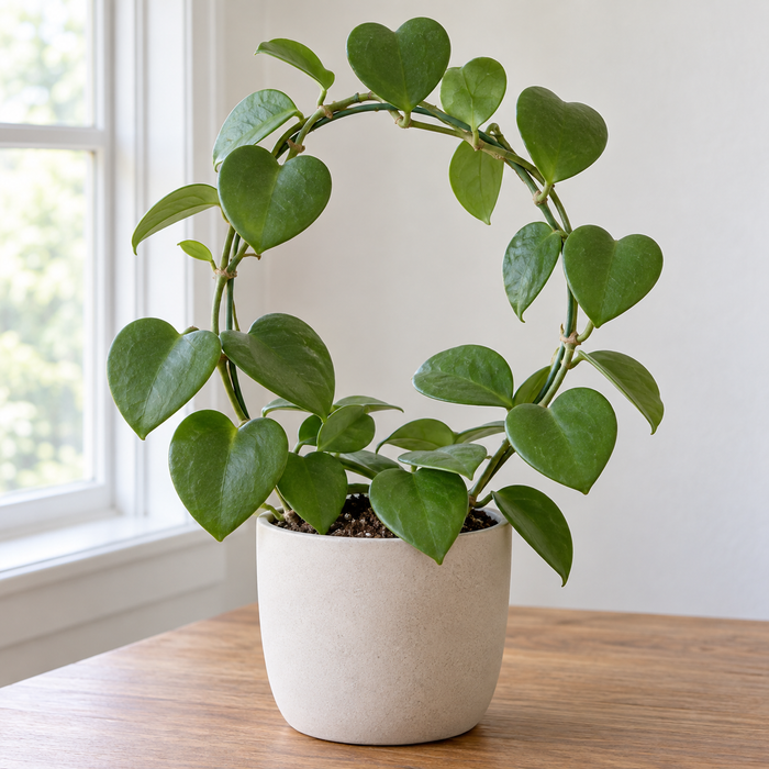Mature Sweetheart Hoya with heart-shaped leaves trained on a hoop