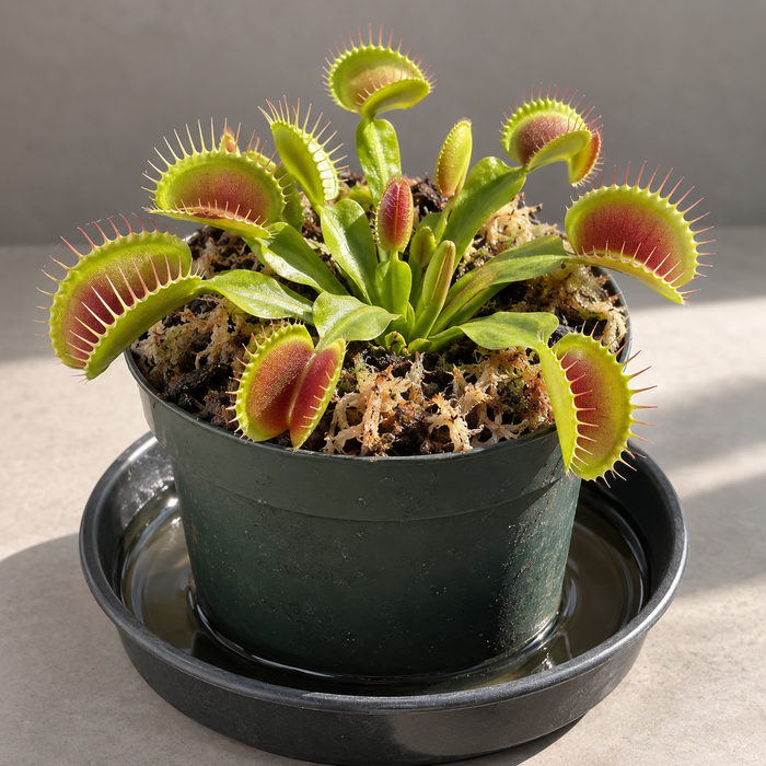 Venus Flytrap rosette with green traps and red inner lobes in a water tray