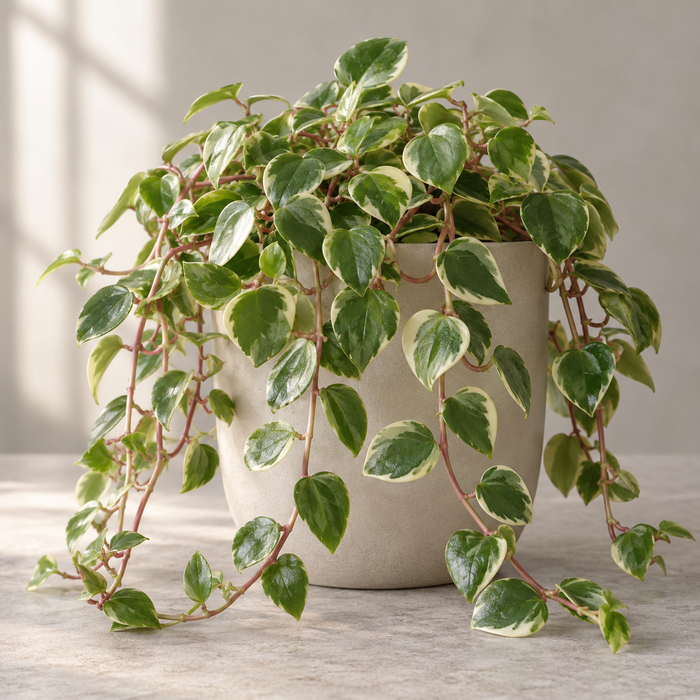 Vining Peperomia with variegated heart-shaped leaves trailing from a neutral planter