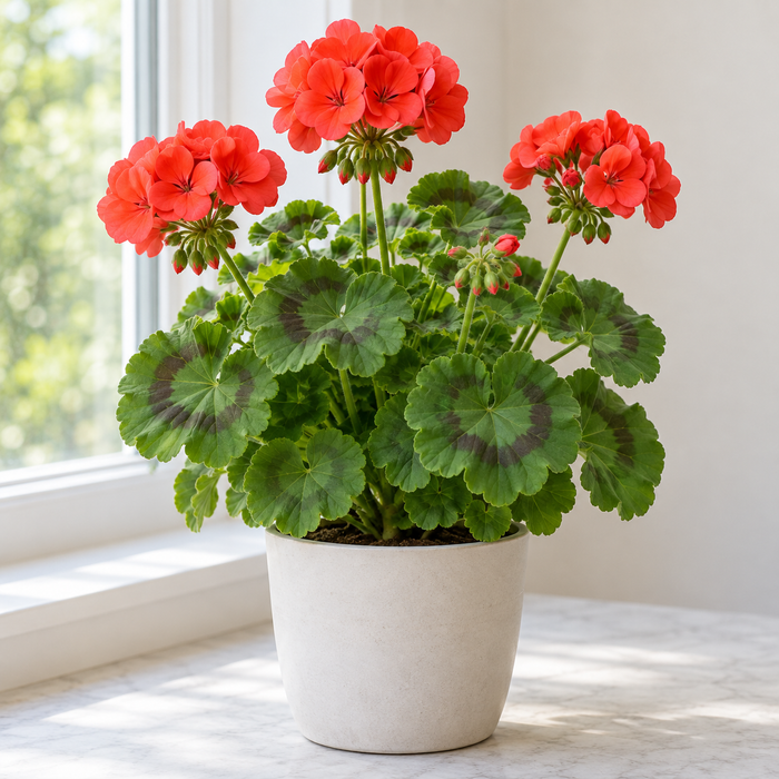 Zonal Geranium with coral-red flower clusters in a bright indoor planter