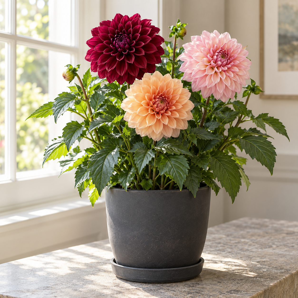 Compact potted dahlia in bloom beside a bright window