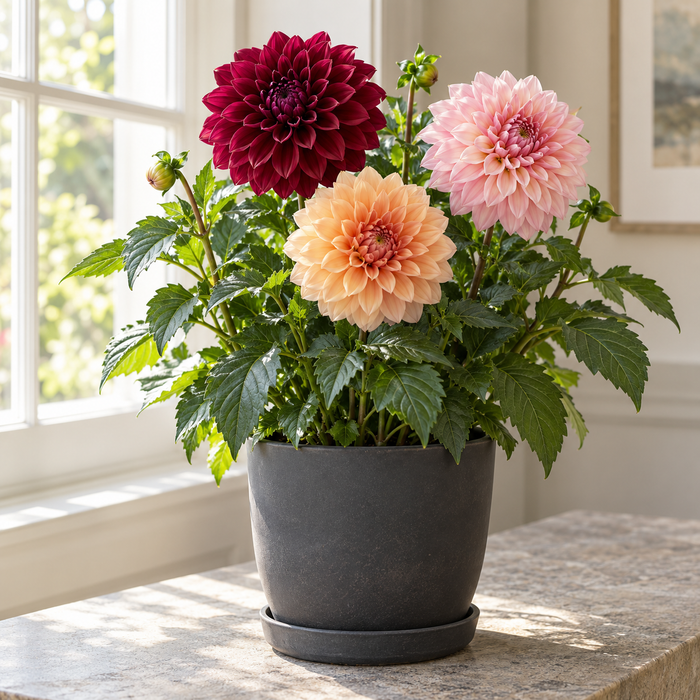 Compact potted dahlia in bloom beside a bright window
