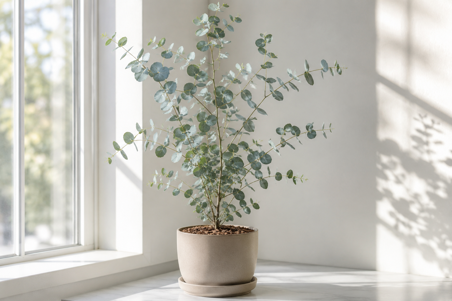 Young potted eucalyptus with upright stems and round blue-gray juvenile leaves