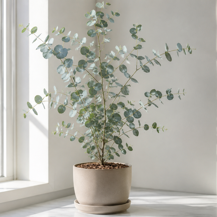 Young potted eucalyptus with upright stems and round blue-gray juvenile leaves