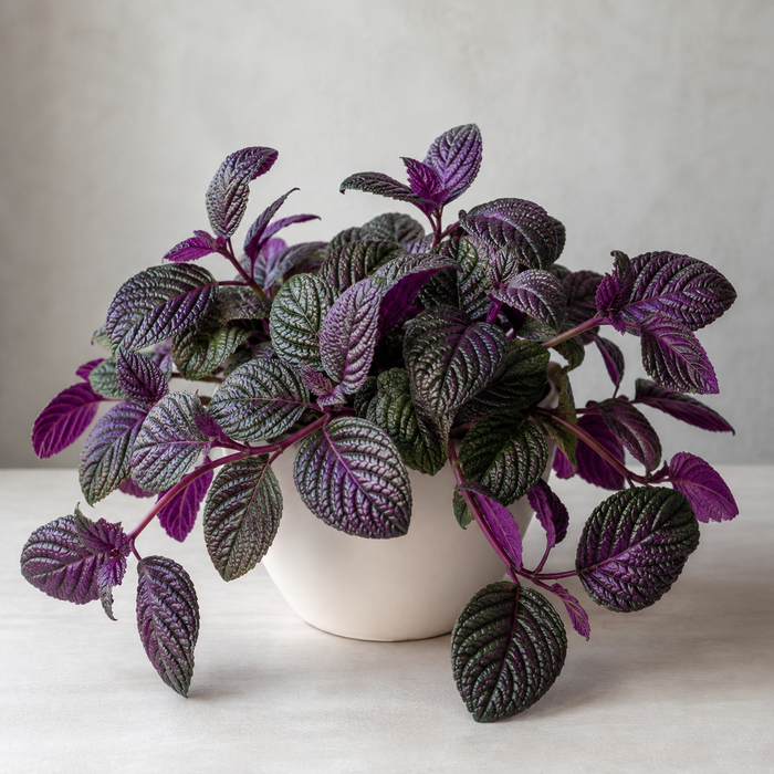 Purple waffle plant with puckered green and purple trailing leaves