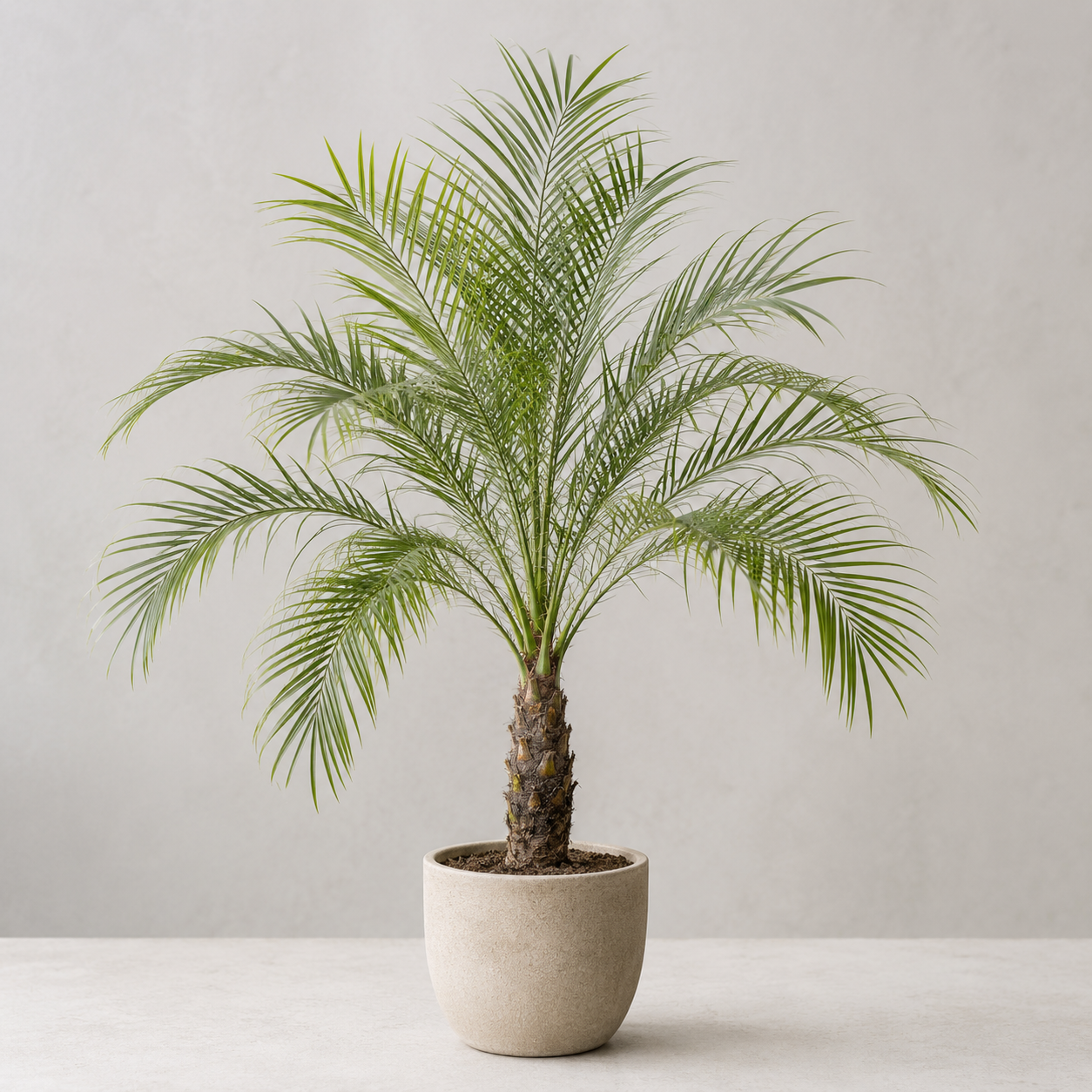 Pygmy date palm with a slender trunk and arching narrow green fronds