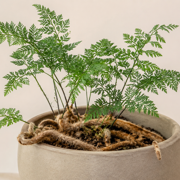 Rabbit's foot fern with finely divided green fronds and fuzzy tan rhizomes over the pot rim