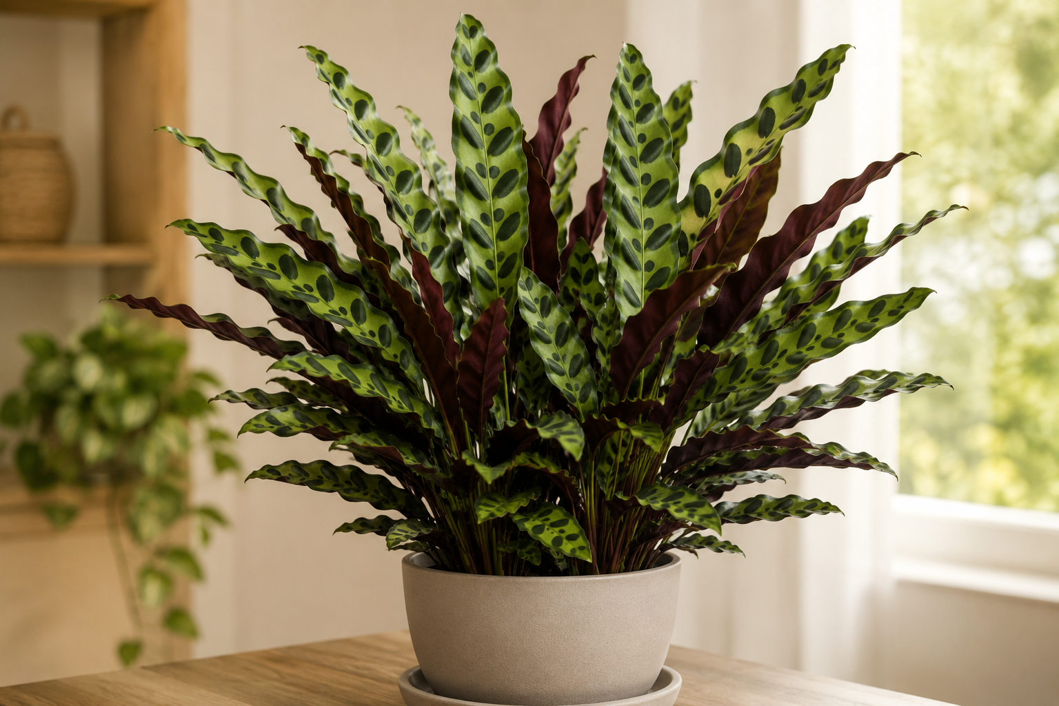 Rattlesnake plant with wavy patterned leaves and purple undersides in an indoor planter
