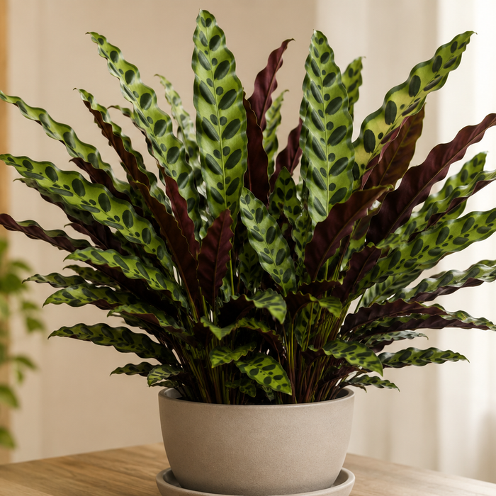 Rattlesnake plant with wavy patterned leaves and purple undersides in an indoor planter